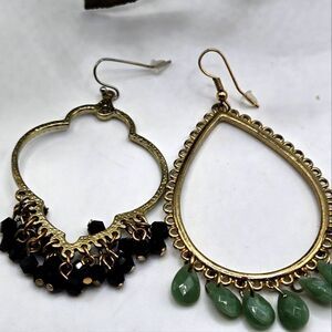"5/$25" Pair of Mismatched Goldtone Green/Black Boho Bali Style Dangle Earrings